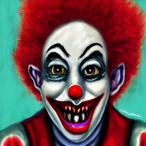 Prompt: fantasy painting of a clown by the blair witch project | horror themed | creepy