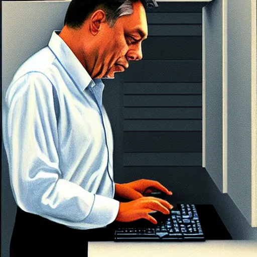 Image similar to viktor orban programming a computer in a cubicle, oil painting