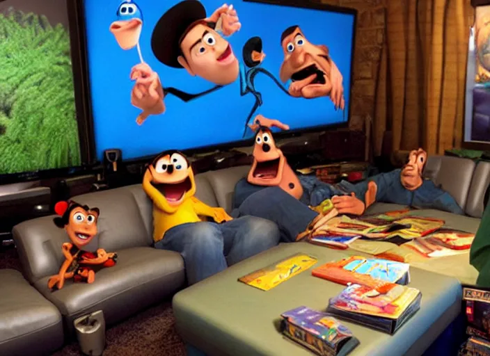 Image similar to pixar animation homeboys are buddies in a disney animation mancave