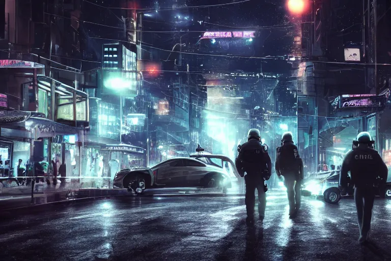 Image similar to cinematography ai robot rights standoff with police, sci-fi future city street at night. Emmanuel Lubezki