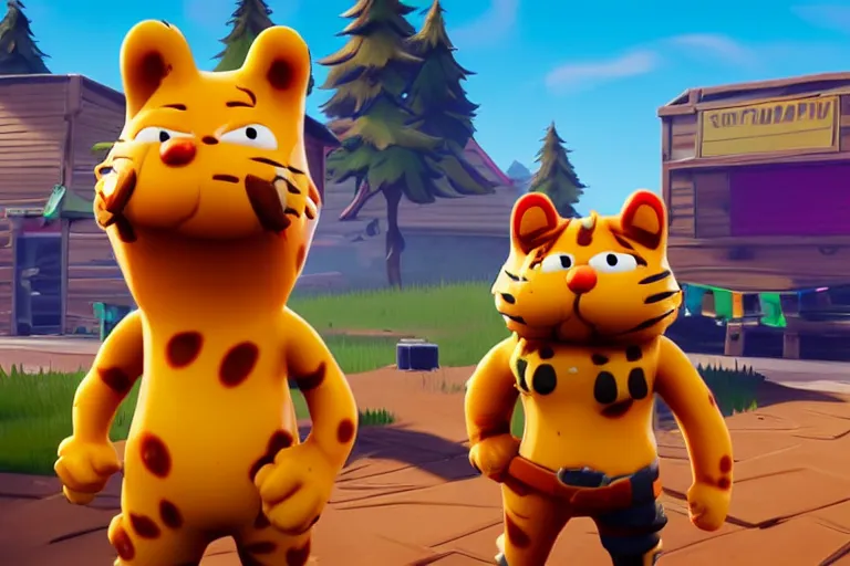 Image similar to a screenshot of a player with a garfield skin in fortnite ( 2 0 1 7 ), garfield and friends public event in fortnite