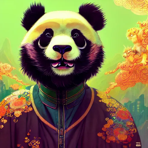 Image similar to a beautiful hyperdetailed character design 4 k wallpaper illustration of a cute panda with a chinese lion dance head victo ngai cyberpunk style, from china, style of studio ghibli, makoto shinkai, raphael lacoste, louis comfort tiffany, artgerm, james jean, ross tran, chinese style