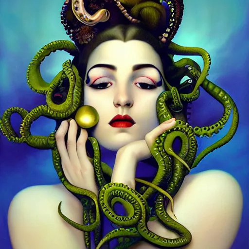 Image similar to dynamic composition, a painting of a man with hair of octopus tentacles and sea weed wearing ornate earrings, a surrealist painting by tom bagshaw and jacek yerga and tamara de lempicka and jesse king, featured on cgsociety, pop surrealism, surrealist, dramatic lighting, magick, pre - raphaelite, ornate gilded details