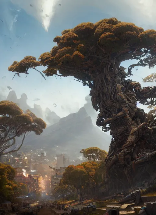 Image similar to hyper realistic robot attacking cape town city beautiful details, gnarly trees, strong composition, poster painted by greg rutkowski, concept art, arcane style, hearthstone wizards of the coast norman rockwell, james gurney and greg rutkowski weta studio, and lucasfilm and best of artstation