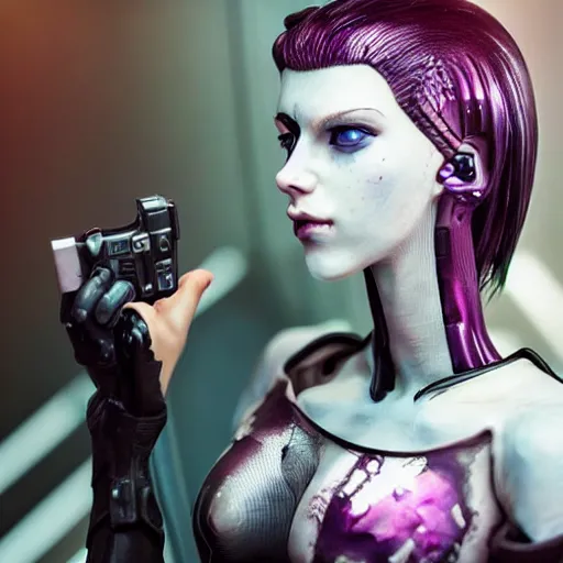 Image similar to ultra realistic painted sculpture of very beautiful cyberpunk woman. realistic waxwork. detailed lifelike. full body. beautiful. very attractive. wow. stunning. punk. comic book inspired. professional cosplay. painted model. action pose. electronics. futuristic tech. city backdrop