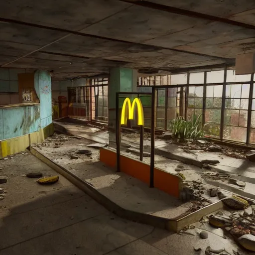Prompt: an abandoned mcdonalds, post apocalyptic, highly detailed, artstation, hyper realistic, octane render, 4 k, unreal engine