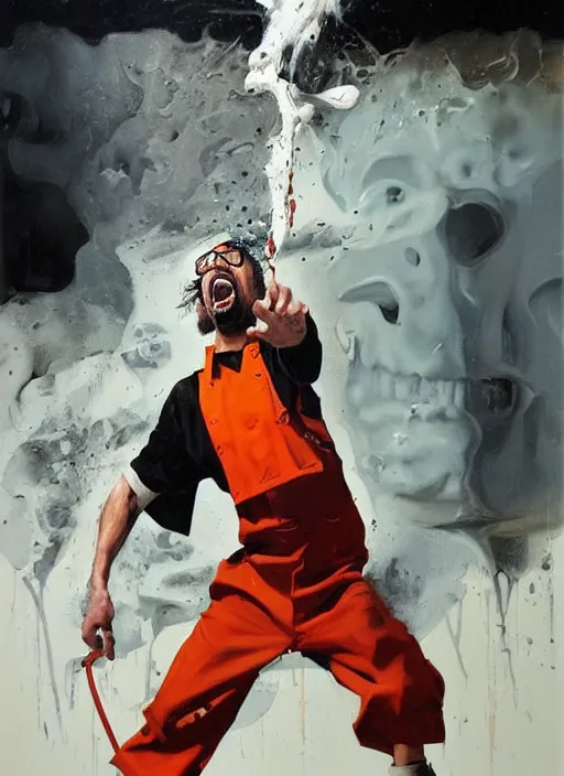 Image similar to blippi pouring boiling milk on dwayne johnsons skull, screaming, pointing, enraged, painting by phil hale, 'action lines'!!!, graphic style, visible brushstrokes, motion blur, blurry