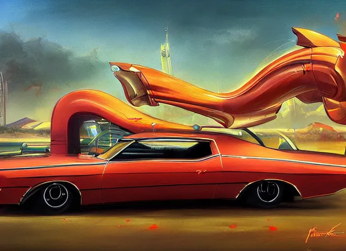 Image similar to lowrider muscle car fantasy of the future, art by alejandro burdisio