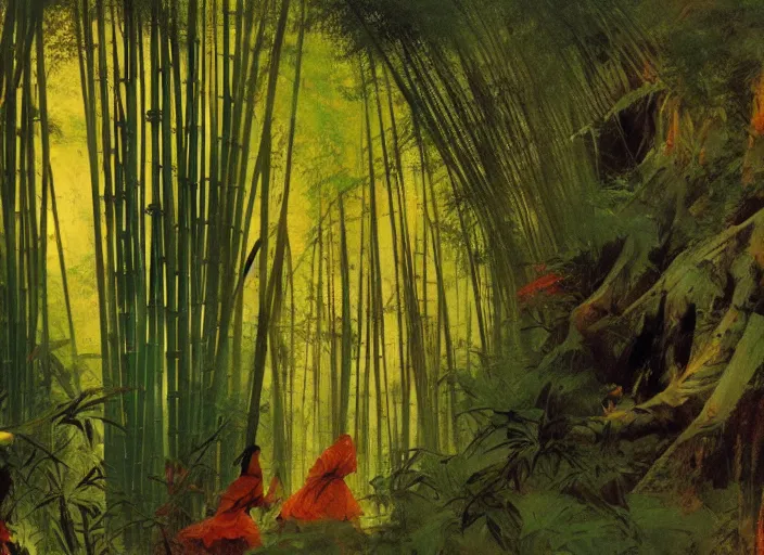 Image similar to bamboo forest, intricate, elegant, highly detailed, vivid colors, john harris, frazetta, tyrus wong, ruan jia, jeffrey catherine jones