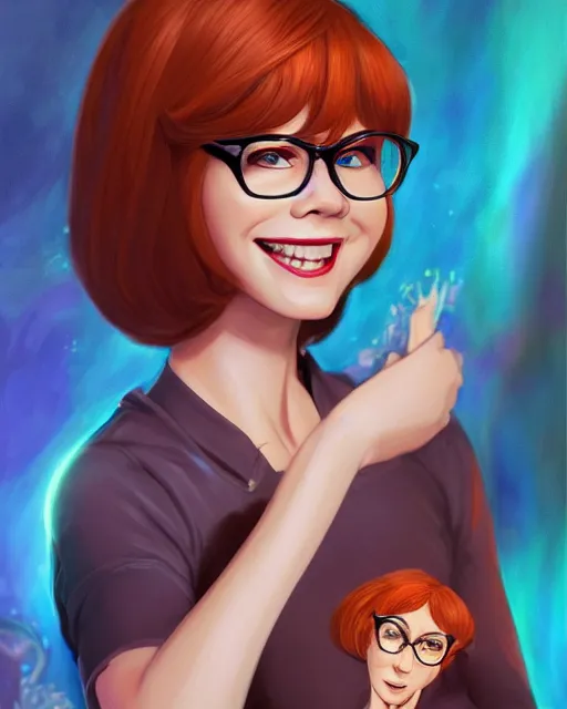 Image similar to a highly detailed illustration of velma from scooby doo, dramatic smile pose intricate, elegant, highly detailed, centered, digital painting, artstation, concept art, smooth, sharp focus, league of legends concept art, extremely detailed eyes, fantastic details full face, mouth, trending on artstation, pixiv, ultrahd, in the style of chris sanders