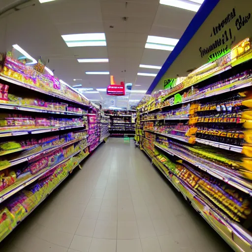 Image similar to supermarket aisles, shoppers, fisheye lens, color, fluorescent lighting,