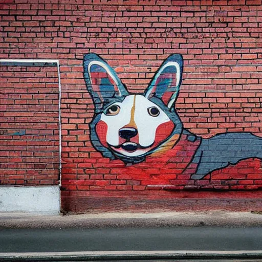 Prompt: brick wall with a mural of a corgi, street art, graffiti, urban landscape, award - winning photograph by david lynch