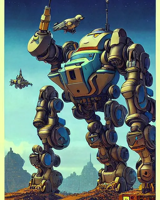 Prompt: bastion the friendly robot from overwatch, with his pet bird, character portrait, portrait, close up, concept art, intricate details, highly detailed, vintage sci - fi poster, retro future, vintage sci - fi art, in the style of chris foss, rodger dean, moebius, michael whelan, katsuhiro otomo, and gustave dore