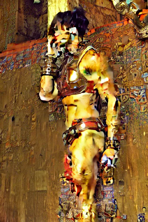 Image similar to Gladiator, muscular, detailed face, correct face, cyberpunk chinese ancient castle, fantasy, painting by Gustav Klimt, greg rutkowski and alphonse mucha