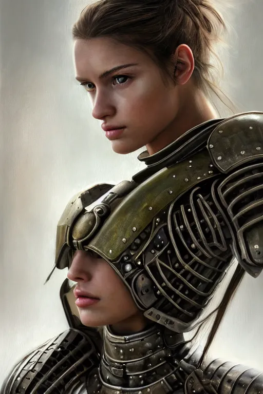 Image similar to a photorealistic painted portrait of an attractive young girl, partially clothed in dull metal-plated battle armor, olive skin, long dark hair, flawless skin, beautiful bone structure, symmetric facial features, perfect photorealistic eyes, natural physique, intricate, elegant, digital painting, concept art, finely detailed, beautifully illustrated, sharp focus, minimal artifacts, from Metal Gear, by Ruan Jia and Mandy Jurgens and Artgerm, in the style of Greg Rutkowski, trending on Artstation, award winning art