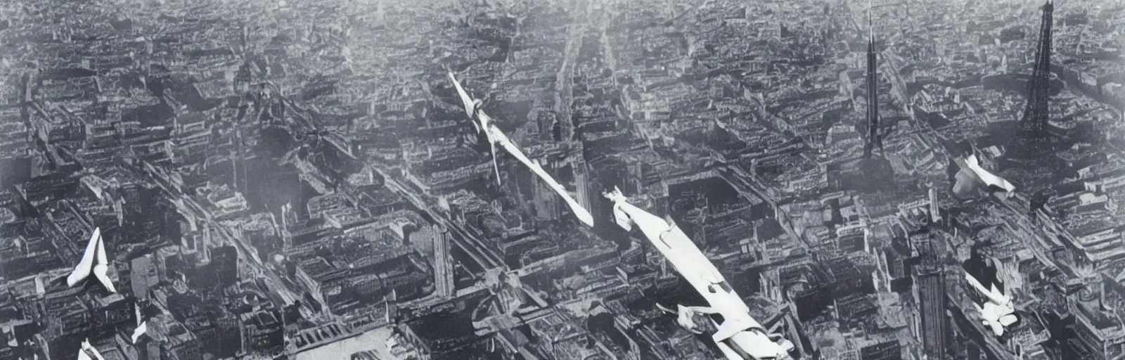 Prompt: Still from the 1969 movie MECHA-CONCORDE vs ROBO-EIFFEL the giant humanoid Eiffel Tower battles the swan-like superplane above the streets of paris-futur - starring ALAIN DELON - art direction by moebius hq production still technicolor