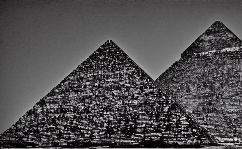 Prompt: ancient black pyramid, wood, sunrise, lomography effect, scrathes, 90s photo, unfocus, monochrome, noise effects filter