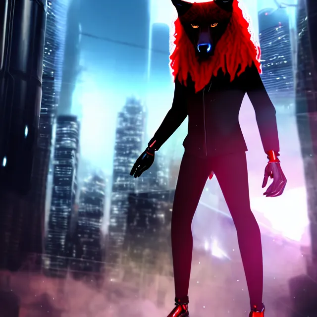 Prompt: portrait of a anthropomorphic black male wolf with red long red hair wearing futuristic clothes in a futuristic city | | concept art, 4 k, volumetric lighting, highly detailed, trending on artstation