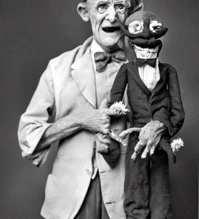 Image similar to hyper realistic old photography of lunatic ventriloquist old man with terrific haunted puppet
