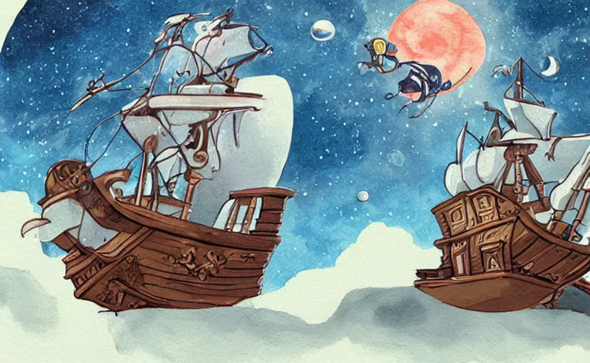 Prompt: pirate ship in space, storybook, gouache, flat, concept art, lush