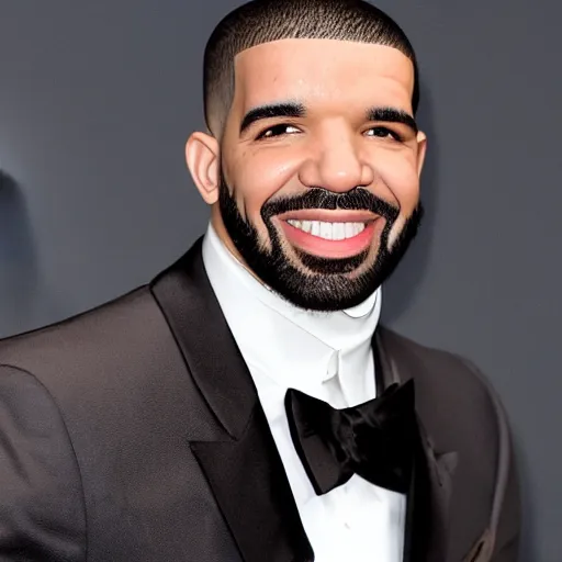 Image similar to drake with a big smile and bloody wide open eyes, detailed face, sharp focus