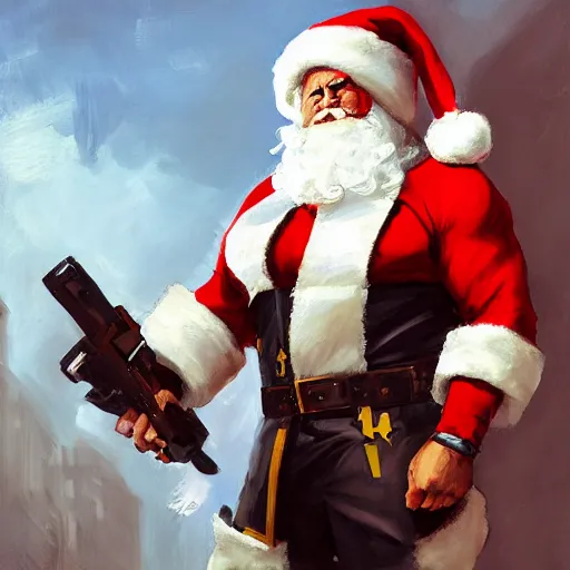 Image similar to greg manchess portrait painting of fully armored santa claus as overwatch character, medium shot, asymmetrical, profile picture, organic painting, sunny day, matte painting, bold shapes, hard edges, street art, trending on artstation, by huang guangjian and gil elvgren and sachin teng