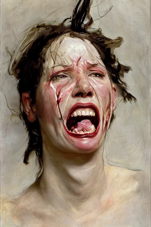 Image similar to a woman enraged, part by Jenny Saville, part by John Singer Sargent