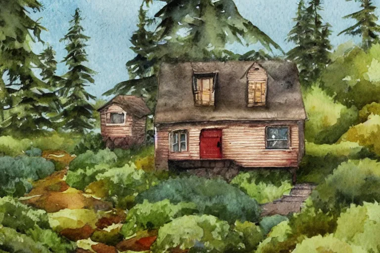 Image similar to a watercolor painting animation background of a seaside cottage in Oregon, moss and pines