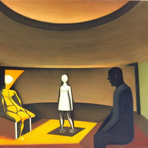 Prompt: three brutalist judges with glowing eyes, inside a dome, pj crook, grant wood, edward hopper, syd mead, chiaroscuro, oil on canvas