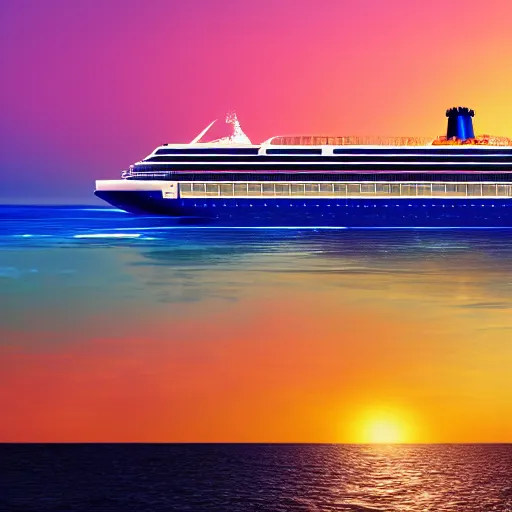 Prompt: a cruise ship chilling on the beach, sunset, vaporwave