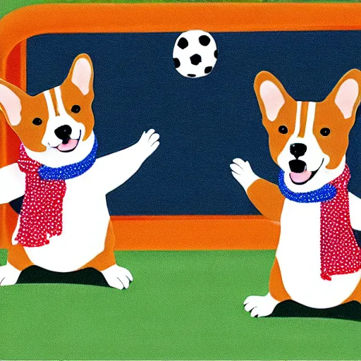 Image similar to illustration of french boy in paris playing football against a corgi, the corgi is wearing a polka dot scarf