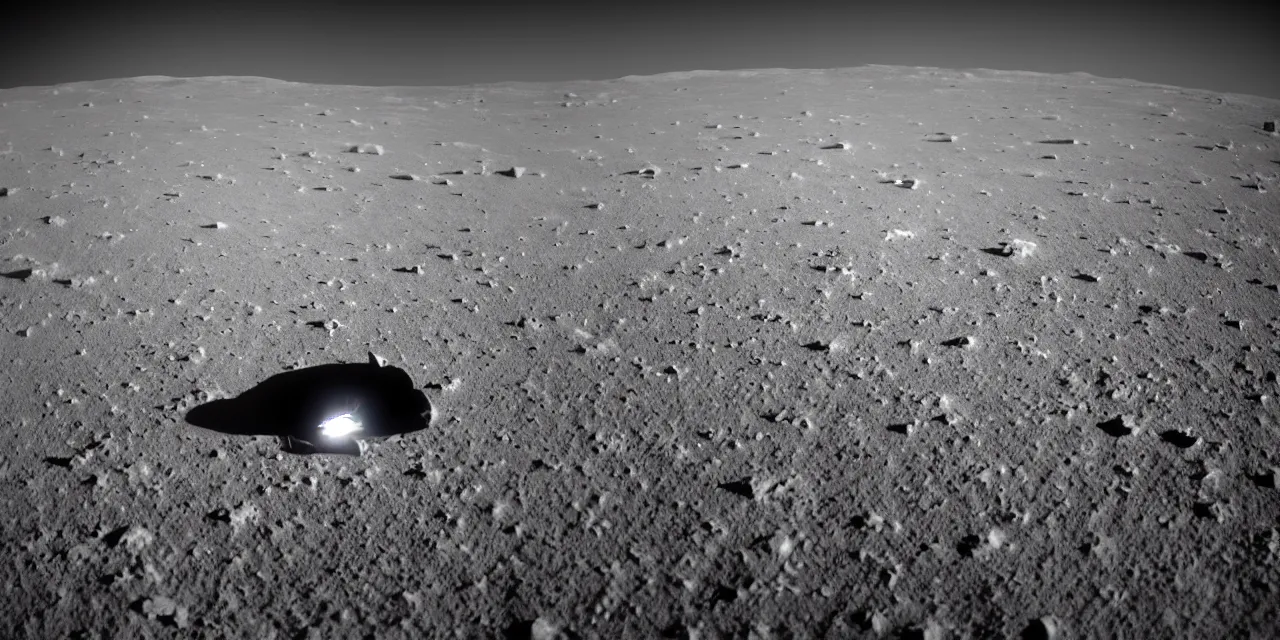 Image similar to ultrawide angle view from the surface of the moon, cinematic film still, film grain, looking up at tall white space, glowing landing lights on spaceship, stars and space in the background, fog and dust, full frame photography