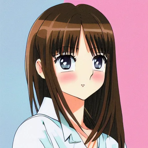 Prompt: A medium shot anime portrait of a happy light brown-haired brunette anime woman with blue eyes, a single short ponytail, parted light brown hair, bare forehead, blue-eyed, bright blue eyes, thick jawline, uniform teeth, big thick pink lips, round face, big round nose, closed lips, wearing a t-shirt, solid blue background, by Stanley Artgerm Lau, WLOP, Rossdraws, James Jean, Andrei Riabovitchev, Marc Simonetti, and Sakimi chan, trending on artstation