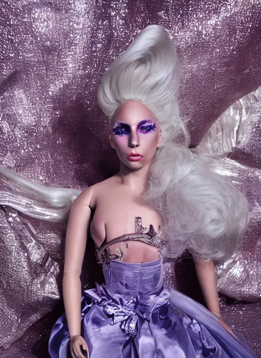 Image similar to lady gaga styled by nick knight posing, photohoot as a doll, set pieces, intricate set, vogue magazine, canon, highly realistic. high resolution. highly detailed. dramatic. 8 k. 4 k.