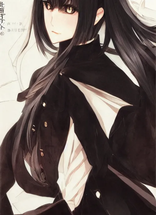 Image similar to luxury advertisement, medium close-up of a manga girl with a black trenchcoat by krenz cushart, Sasoura, Satchely and Akihiko Yoshida, black medium length Dutch bob cut hair with straight bangs, poster