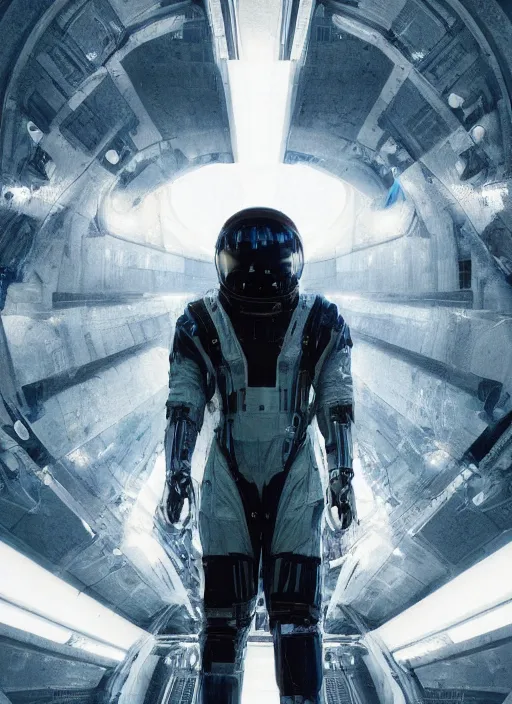 Image similar to symmetry poster art by craig mullins astronaut in futuristic dark and empty spaceship underwater. infrared glowing lights. complex and hyperdetailed technical suit. reflection and dispersion materials. rays and dispersion of light. volumetric light. 5 0 mm, f / 3 2. noise film photo. flash photography. unreal engine 4, octane render. interstellar movie poster