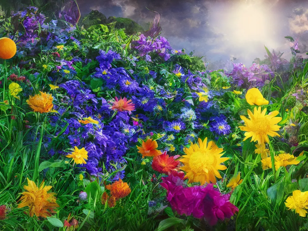 Prompt: sunlight study, the universe is a spheroid region of kauai wildflower undergrowth, art nouveau, by jan davidz de heem and ( ( ( ( ( lisa frank ) ) ) ) ), 8 k, sharp focus, octane render