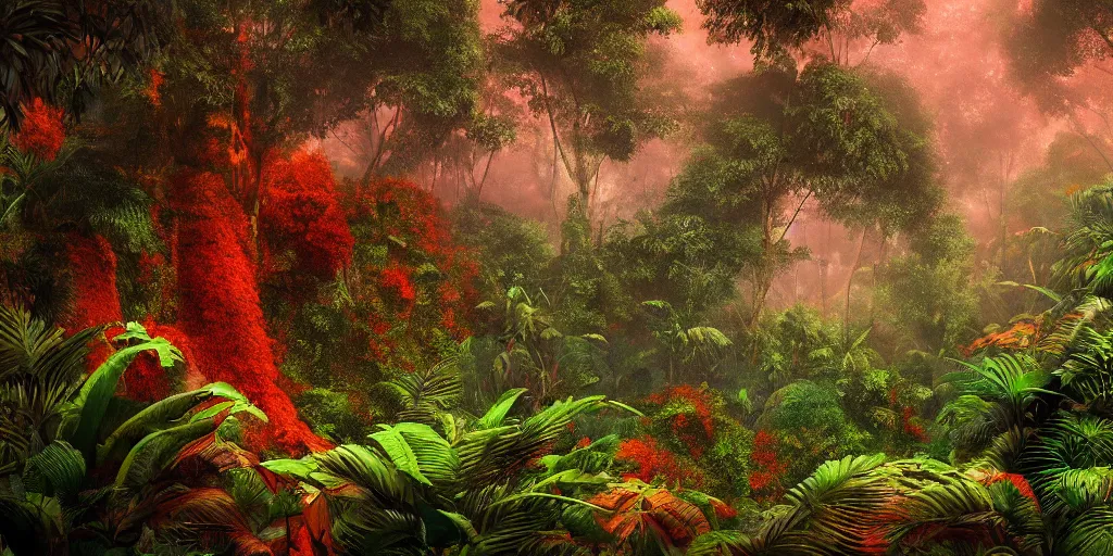 Image similar to a beautiful landscape of a foggy jungle, red and orange color scheme, hyperdetailed, vivid colors, photorealist, 4 k