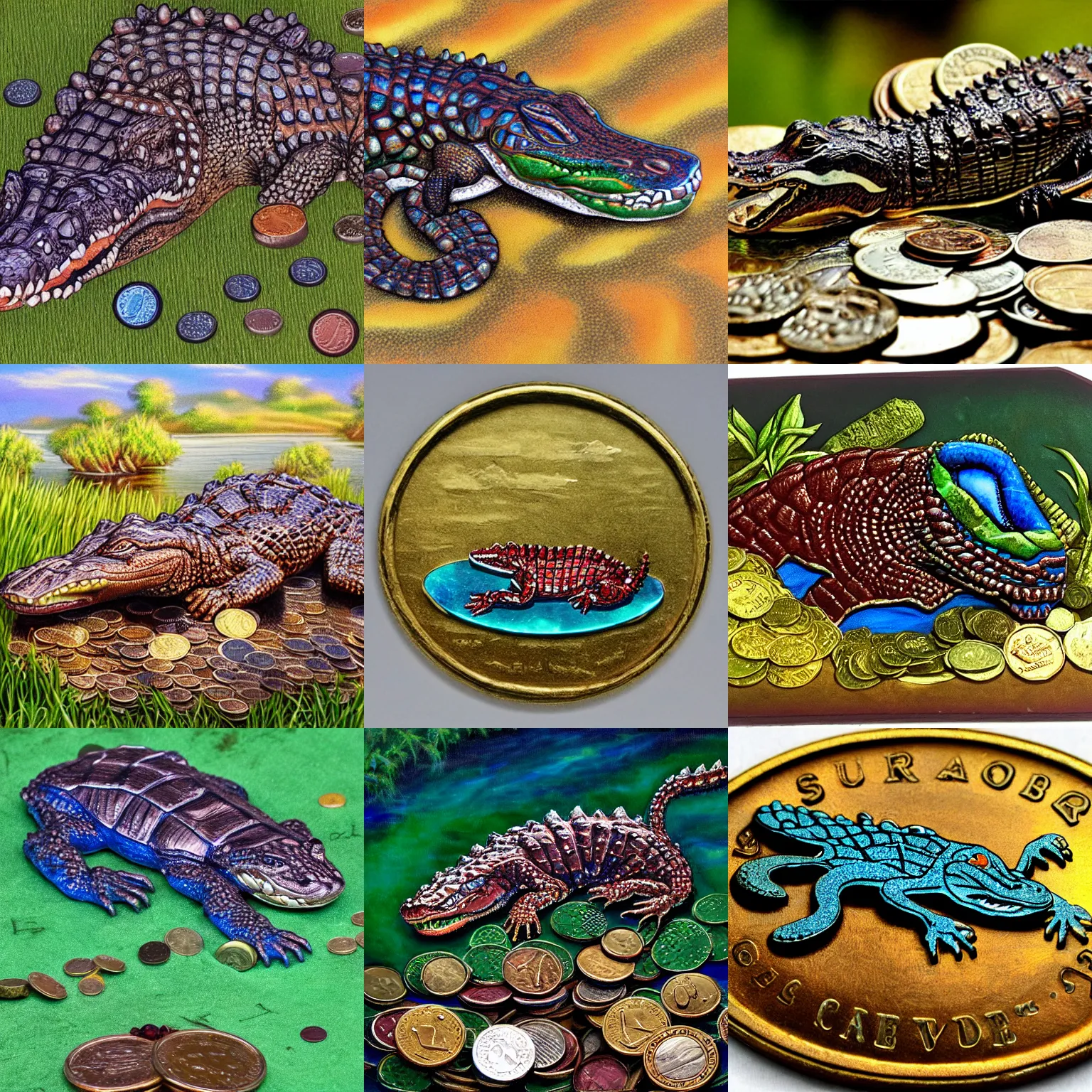 Prompt: gator sleeping on pile of coins and rubies, river, green, brown, blue, airbrush