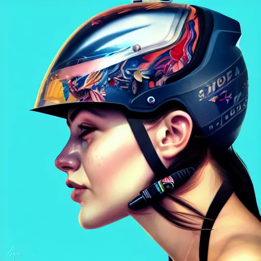 Image similar to profile photo of a girl driver with a helmet and a visor with high detailed tattoos on neck, side profile in underwater, highly detailed, digital painting, artstation, concept art, smooth, sharp focus, illustration by Sandra Chevrier