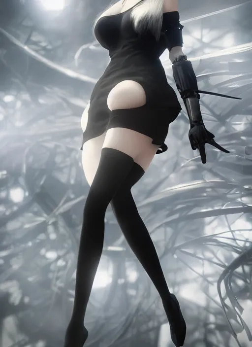 Image similar to Hyperrealistic beautiful portrait of 2B, nier automata, black dress, 8k, Octane Render, cinematic lighting