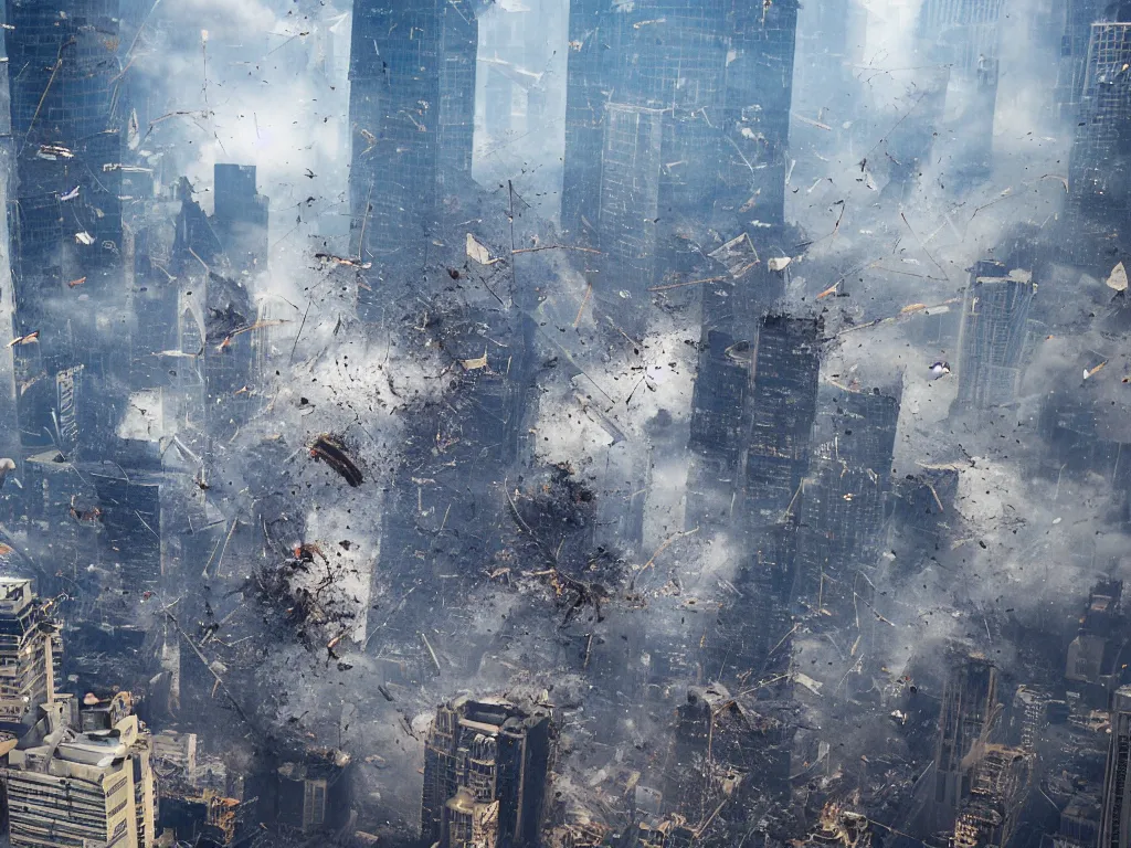 Prompt: giant skyscrapers with debris and destruction falling from sky, mid air, with debris flying around