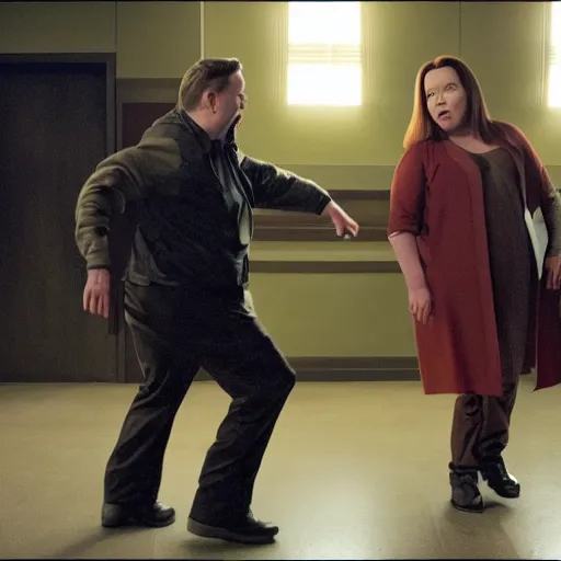 Prompt: movie shot from a sci - fi comedy with ricky gervais played by melissa mccarthy