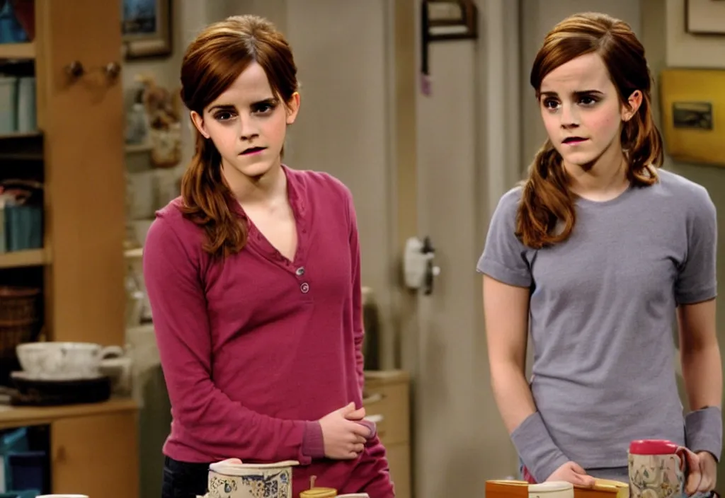 Image similar to emma watson as penny from the big bang theory episode 1, stills from the sitcom