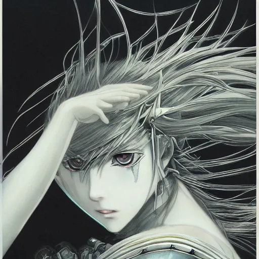 Image similar to Yoshitaka Amano realistic illustration of an anime girl with black eyes, wavy white hair fluttering in the wind and cracks on her face wearing Elden ring armour with engraving, abstract black and white patterns on the background, noisy film grain effect, highly detailed, Renaissance oil painting, weird portrait angle, blurred lost edges, three quarter view