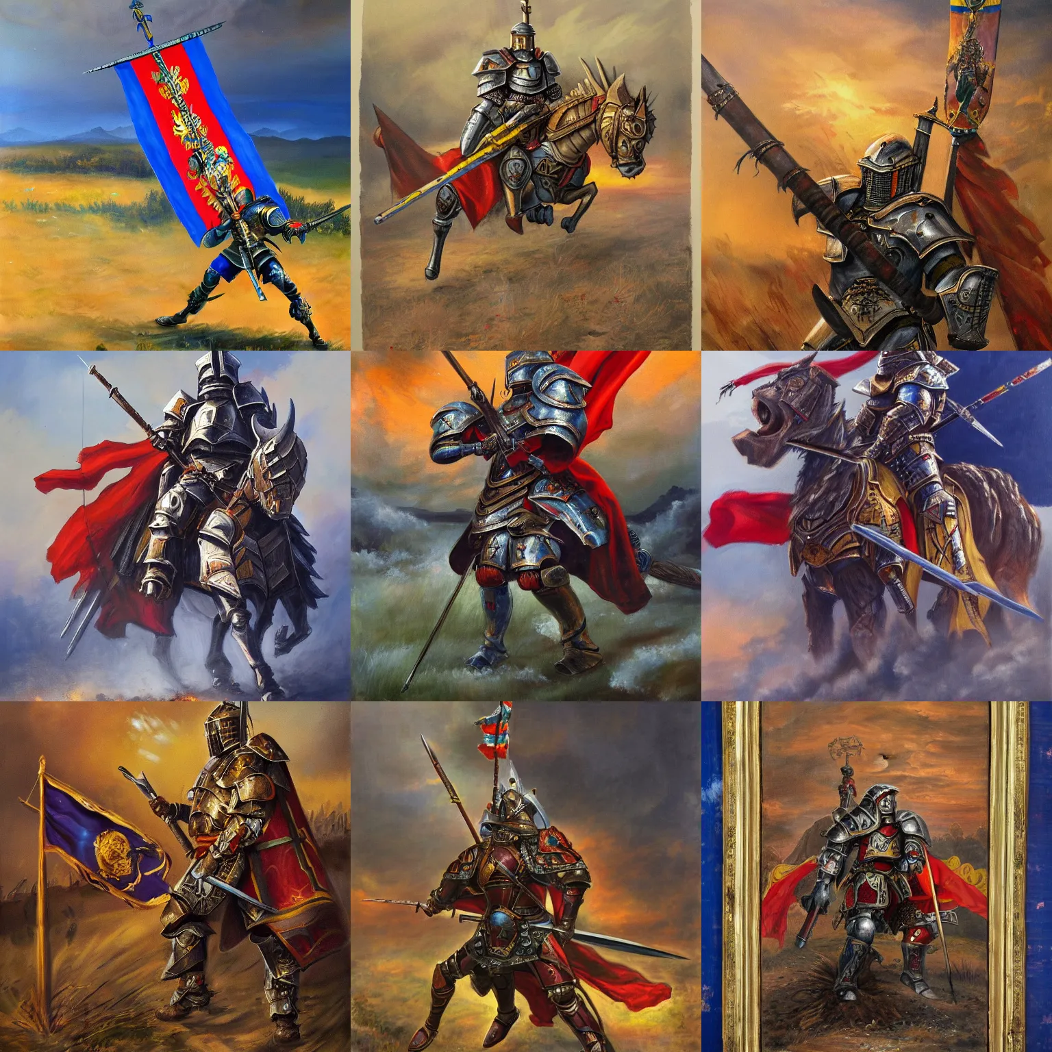 Prompt: a highly detailed painting of a heavily armored paladin, wielding a romanian flag pole, fighting in a huge battle at dusk