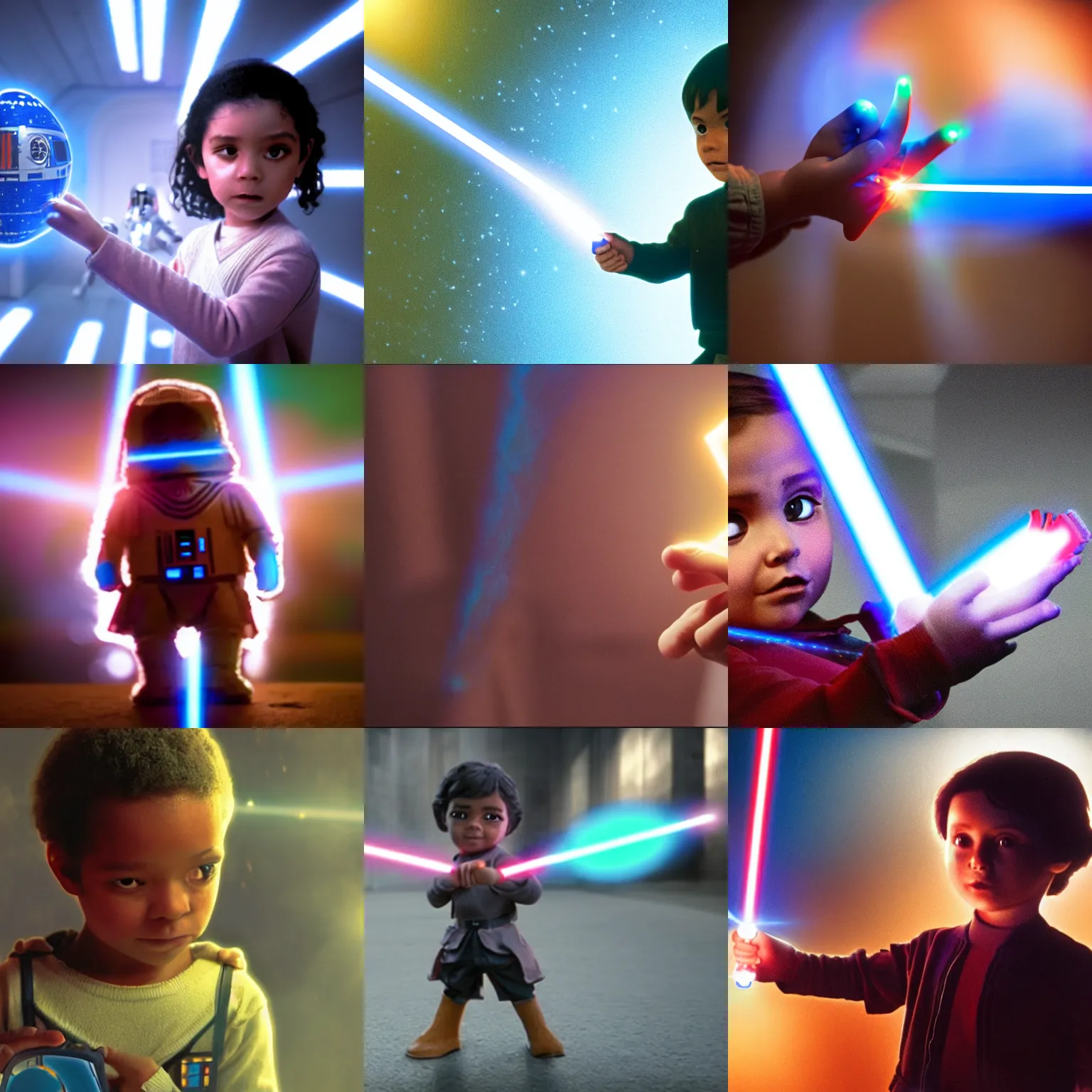 Prompt: a child holding a small toy of a star wars character, a hologram by george lucas, trending on cg society, video art, anamorphic lens flare, reimagined by industrial light and magic, movie still