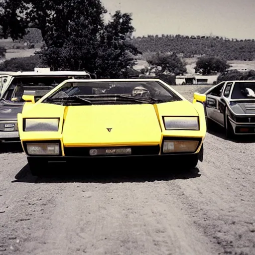 Image similar to lamborghini countach in a wild west town, cowboys, horses, saloon, 1 9 th century daguerrotype