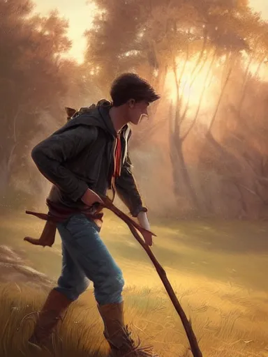 Prompt: a youthful handsome man holding a stick, walking in a rural area. intricate, elegant, highly detailed, digital painting, artstation, concept art, sharp focus, illustration, by justin gerard and artgerm, 8 k