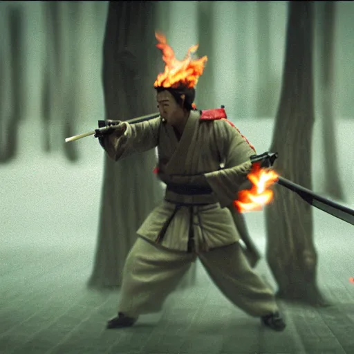 Prompt: cinematic film still NLE Choppa starring as a Samurai holding fire, Japanese CGI, VFX, 2003, 400mm lens, f1.8, shallow depth of field, film photography